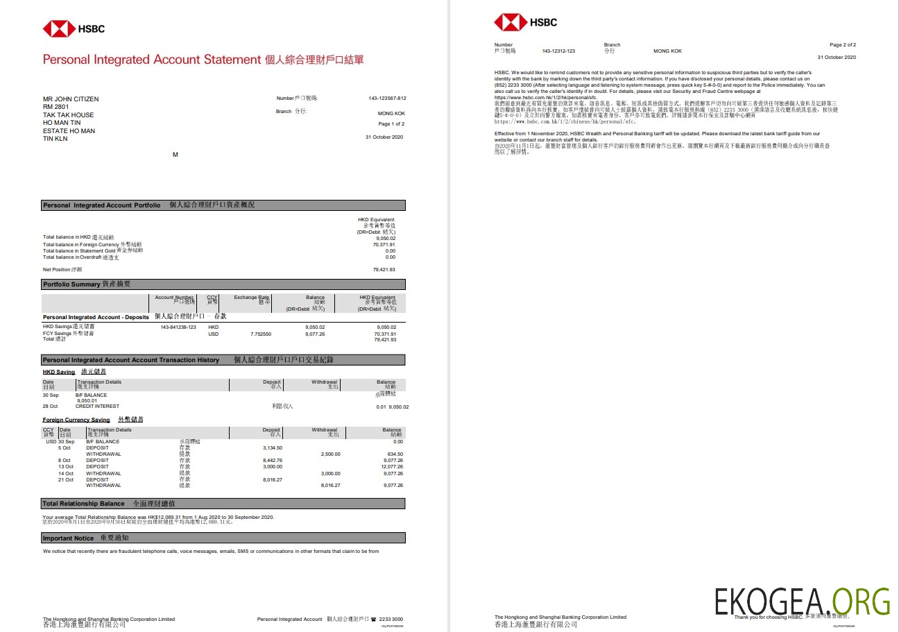 Hong Kong HSBC The Hongkong and Shanghai Banking Corporation Compte personnel intégré st pdf